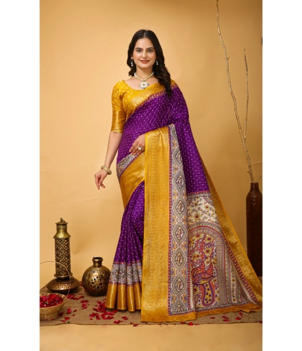 Generic Women's Soft Dola Cotton Kalamkari Printed Saree With Unstitched Blouse 5.5Mtr (Purple)