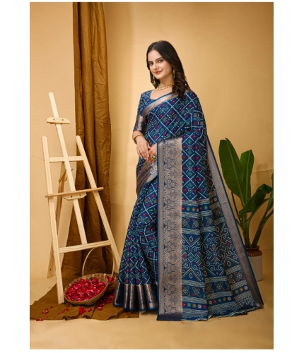Generic Women's Soft Dola Cotton Kalamkari Printed Saree With Unstitched Blouse 5.5Mtr (Blue)