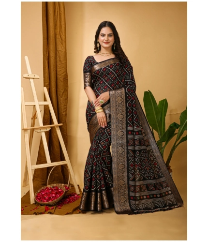Generic Women's Soft Dola Cotton Kalamkari Printed Saree With Unstitched Blouse 5.5Mtr (Black)