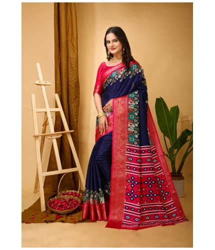 Generic Women's Soft Dola Cotton Kalamkari Printed Saree With Unstitched Blouse 5.5Mtr (Navy Blue)