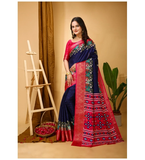 Generic Women's Soft Dola Cotton Kalamkari Printed Saree With Unstitched Blouse 5.5Mtr (Navy Blue)