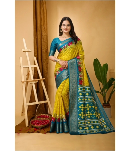 Generic Women's Soft Dola Cotton Kalamkari Printed Saree With Unstitched Blouse 5.5Mtr (Yellow)