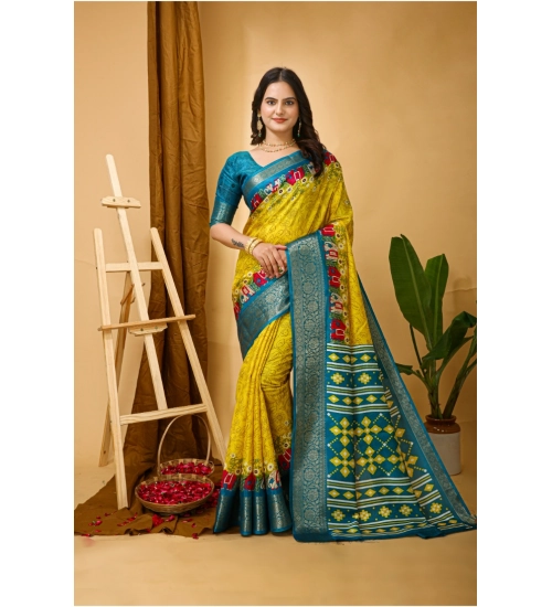 Generic Women's Soft Dola Cotton Kalamkari Printed Saree With Unstitched Blouse 5.5Mtr (Yellow)