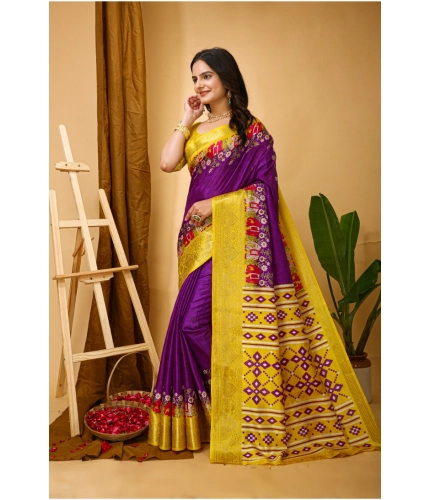 Generic Women's Soft Dola Cotton Kalamkari Printed Saree With Unstitched Blouse 5.5Mtr (Purple)