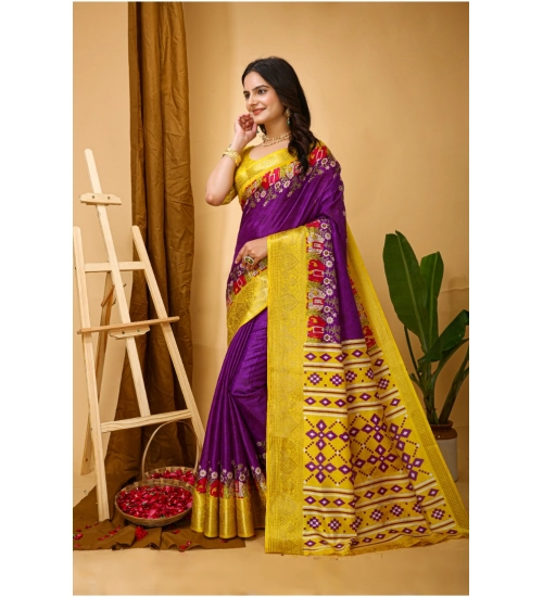 Generic Women's Soft Dola Cotton Kalamkari Printed Saree With Unstitched Blouse 5.5Mtr (Purple)