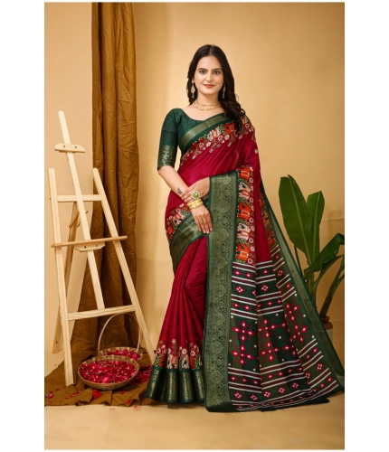 Generic Women's Soft Dola Cotton Kalamkari Printed Saree With Unstitched Blouse 5.5Mtr (Red)