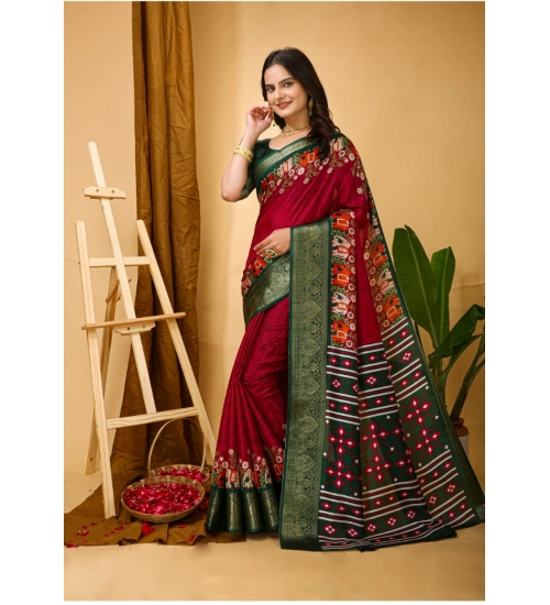 Generic Women's Soft Dola Cotton Kalamkari Printed Saree With Unstitched Blouse 5.5Mtr (Red)