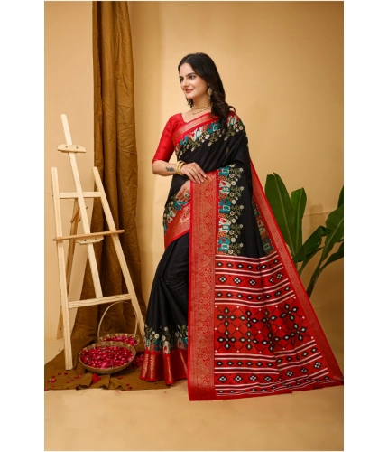 Generic Women's Soft Dola Cotton Kalamkari Printed Saree With Unstitched Blouse 5.5Mtr (Black)