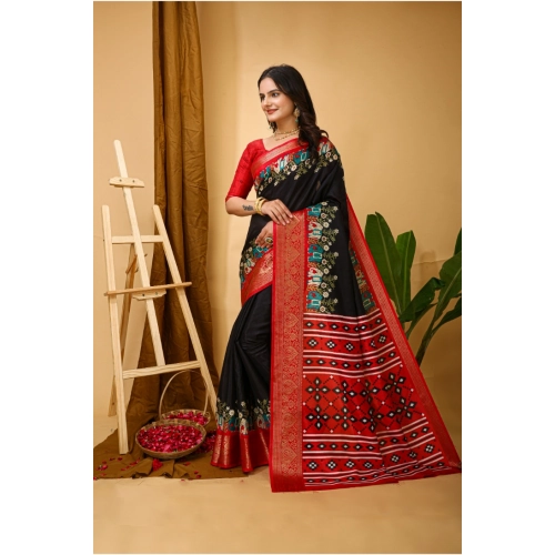 Women's Soft Dola Cotton Kalamkari Printed Saree With Unstitched Blouse 5.5Mtr (Black)