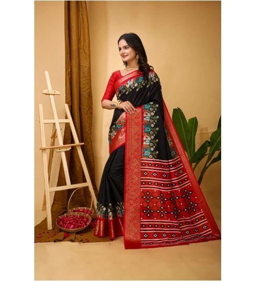 Generic Women's Soft Dola Cotton Kalamkari Printed Saree With Unstitched Blouse 5.5Mtr (Black)