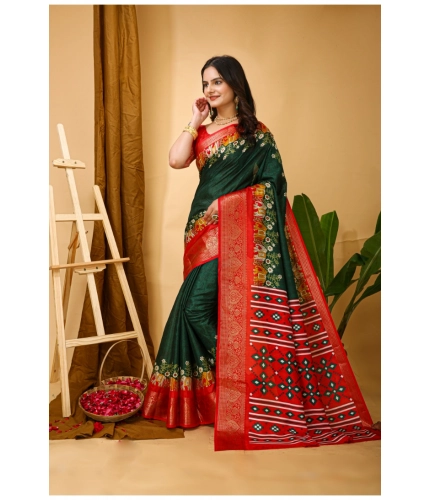 Generic Women's Soft Dola Cotton Kalamkari Printed Saree With Unstitched Blouse 5.5Mtr (Green)