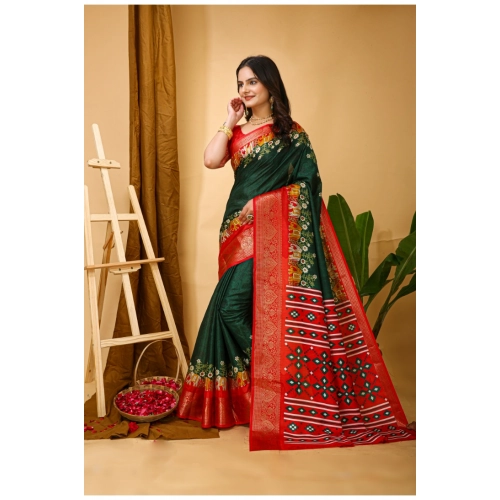 Women's Soft Dola Cotton Kalamkari Printed Saree With Unstitched Blouse 5.5Mtr (Green)