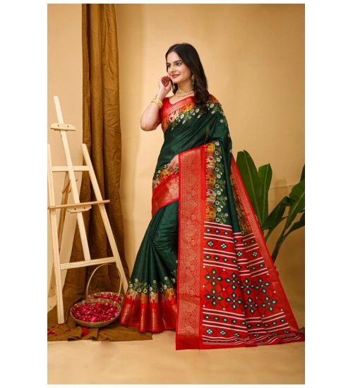 Generic Women's Soft Dola Cotton Kalamkari Printed Saree With Unstitched Blouse 5.5Mtr (Green)