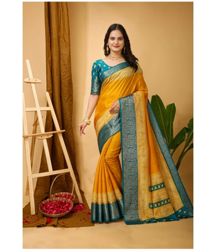 Generic Women's Soft Dola Cotton Kalamkari Printed Saree With Unstitched Blouse 5.5Mtr (Yellow)