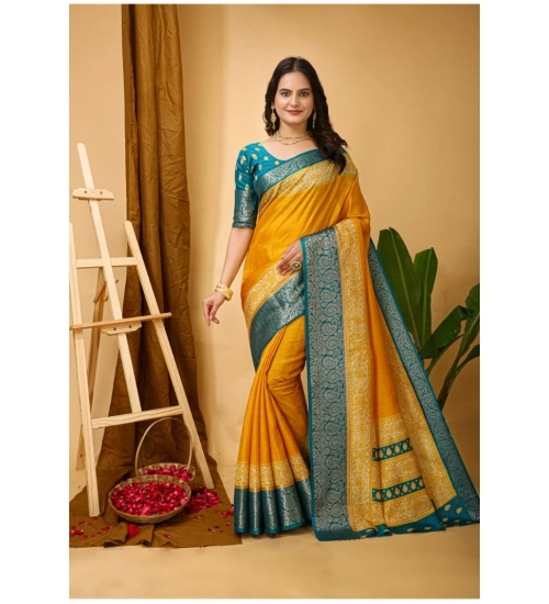 Generic Women's Soft Dola Cotton Kalamkari Printed Saree With Unstitched Blouse 5.5Mtr (Yellow)