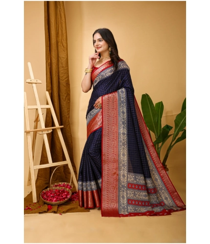 Generic Women's Soft Dola Cotton Kalamkari Printed Saree With Unstitched Blouse 5.5Mtr (Navy Blue)