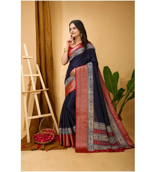 Generic Women's Soft Dola Cotton Kalamkari Printed Saree With Unstitched Blouse 5.5Mtr (Navy Blue)