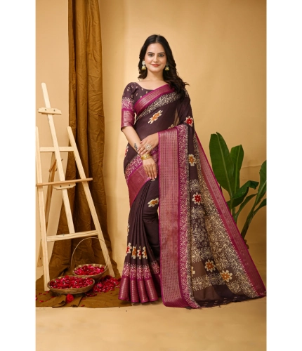 Generic Women's Soft Blooming Marshmallow Fabric Kalamkari Printed Saree With Unstitched Blouse 5.5Mtr (Maroon)