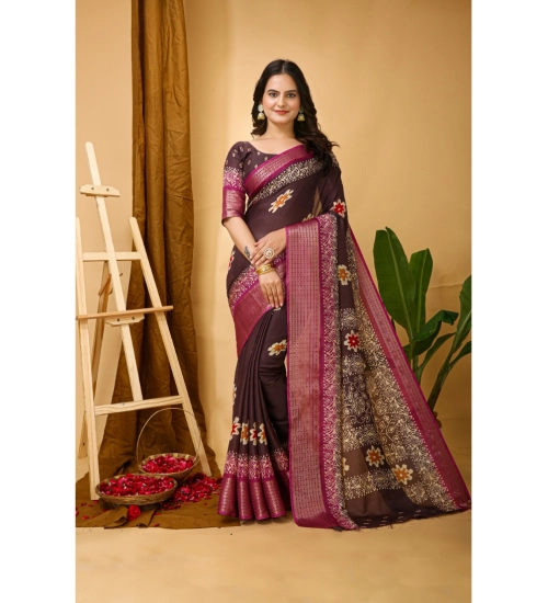 Generic Women's Soft Blooming Marshmallow Fabric Kalamkari Printed Saree With Unstitched Blouse 5.5Mtr (Maroon)
