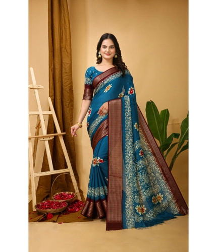 Generic Women's Soft Blooming Marshmallow Fabric Kalamkari Printed Saree With Unstitched Blouse 5.5Mtr (Blue)