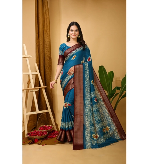 Generic Women's Soft Blooming Marshmallow Fabric Kalamkari Printed Saree With Unstitched Blouse 5.5Mtr (Blue)