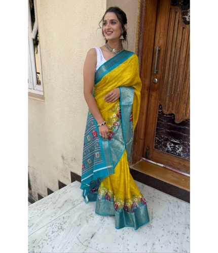 Generic Women's Soft Dola Cotton Kalamkari Printed Saree With Unstitched Blouse 5.5Mtr (Mustard)