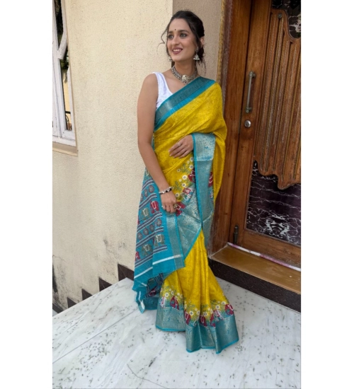 Generic Women's Soft Dola Cotton Kalamkari Printed Saree With Unstitched Blouse 5.5Mtr (Mustard)