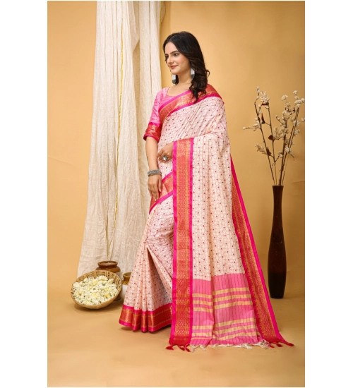 Generic Women's Soft Cotton Silk Printed Saree With Unstitched Blouse 5.5Mtr (Pink)