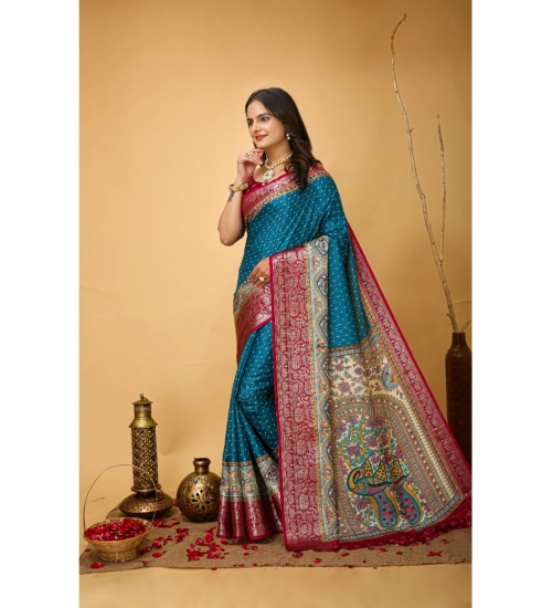 Generic Women's Soft Dola Cotton Kalamkari Printed Saree With Unstitched Blouse 5.5Mtr (Sky Blue)