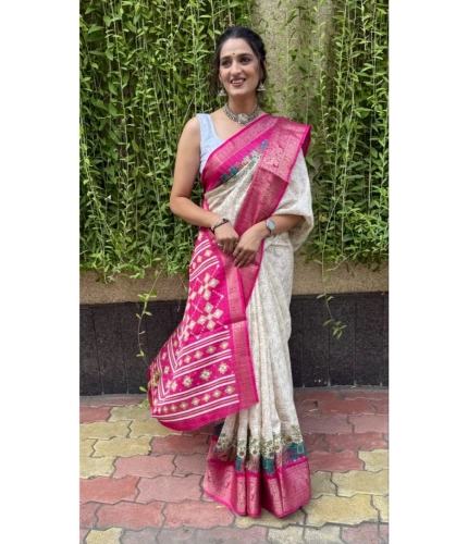 Generic Women's Soft Dola Cotton Kalamkari Printed Saree With Unstitched Blouse 5.5Mtr (White)