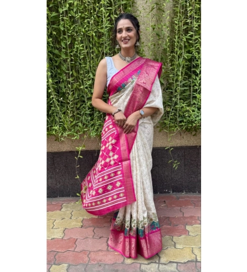 Generic Women's Soft Dola Cotton Kalamkari Printed Saree With Unstitched Blouse 5.5Mtr (White)