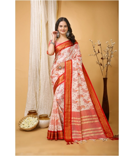 Generic Women's Soft Cotton Silk Printed Saree With Unstitched Blouse 5.5Mtr (Red)