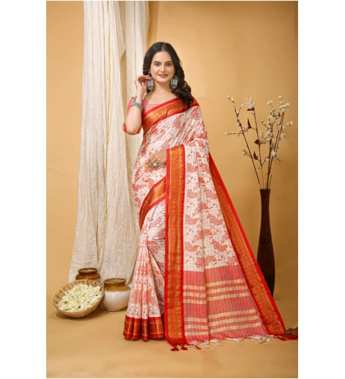 Generic Women's Soft Cotton Silk Printed Saree With Unstitched Blouse 5.5Mtr (Red)