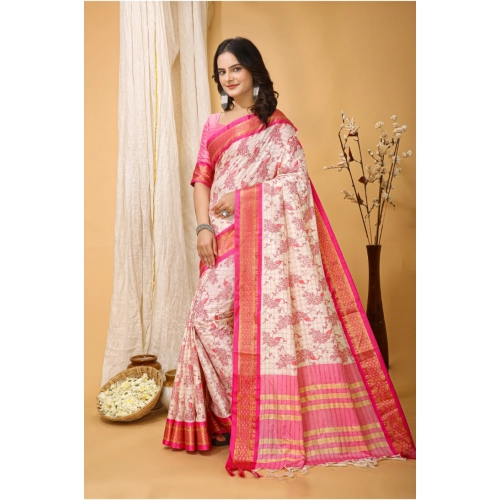 Women's Soft Cotton Silk Printed Saree With Unstitched Blouse 5.5Mtr (Pink) Women's Soft Cotton Silk Printed Saree With Unstitched Blouse 5.5Mtr (Pink)