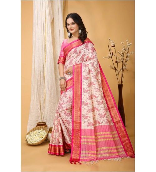Generic Women's Soft Cotton Silk Printed Saree With Unstitched Blouse 5.5Mtr (Pink)
