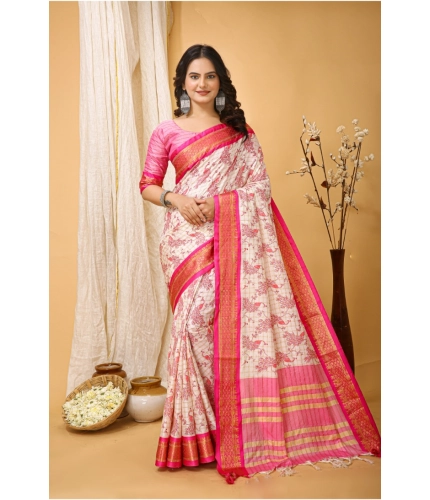 Generic Women's Soft Cotton Silk Printed Saree With Unstitched Blouse 5.5Mtr (Pink)
