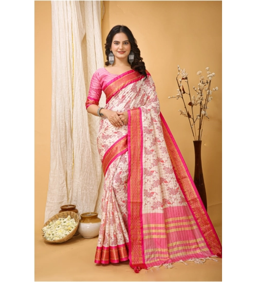 Generic Women's Soft Cotton Silk Printed Saree With Unstitched Blouse 5.5Mtr (Pink)