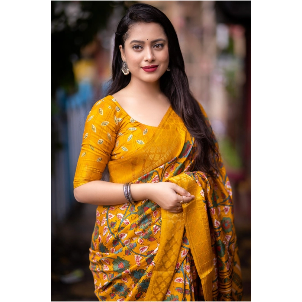 Generic Women's Soft Dola Cotton Kalamkari Printed Saree With Unstitched Blouse 5.5Mtr (Yellow) Generic Women's Soft Dola Cotton Kalamkari Printed Saree With Unstitched Blouse 5.5Mtr (Yellow)