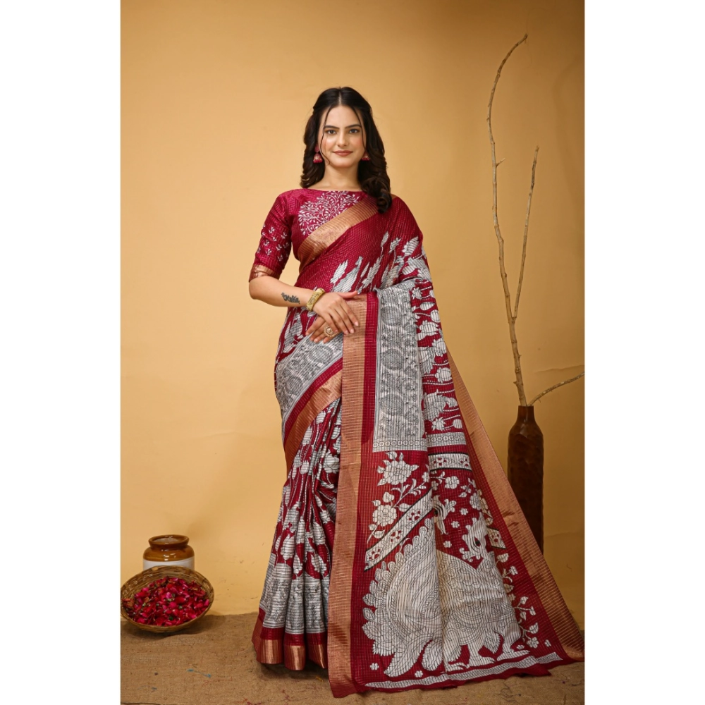 Generic Women's Soft Handloom Cotton Kalamkari Printed Saree With Unstitched Blouse 5.5Mtr (Maroon) Generic Women's Soft Handloom Cotton Kalamkari Printed Saree With Unstitched Blouse 5.5Mtr (Maroon)