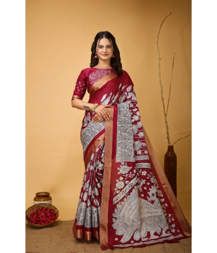Generic Women's Soft Handloom Cotton Kalamkari Printed Saree With Unstitched Blouse 5.5Mtr (Maroon)