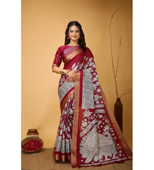 Generic Women's Soft Handloom Cotton Kalamkari Printed Saree With Unstitched Blouse 5.5Mtr (Maroon)