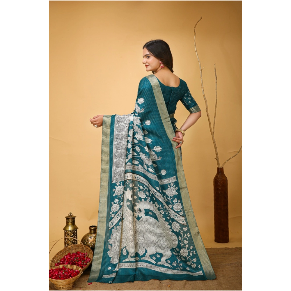 Generic Women's Soft Handloom Cotton Kalamkari Printed Saree With Unstitched Blouse 5.5Mtr (Turquoise) Generic Women's Soft Handloom Cotton Kalamkari Printed Saree With Unstitched Blouse 5.5Mtr (Turquoise)