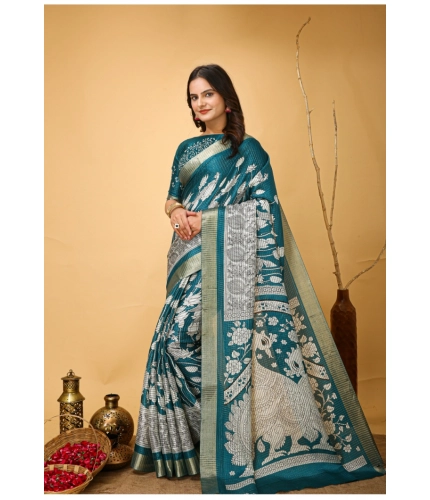 Generic Women's Soft Handloom Cotton Kalamkari Printed Saree With Unstitched Blouse 5.5Mtr (Turquoise)