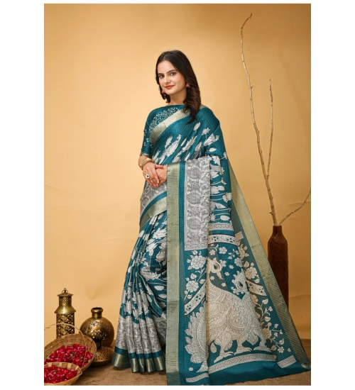 Generic Women's Soft Handloom Cotton Kalamkari Printed Saree With Unstitched Blouse 5.5Mtr (Turquoise)