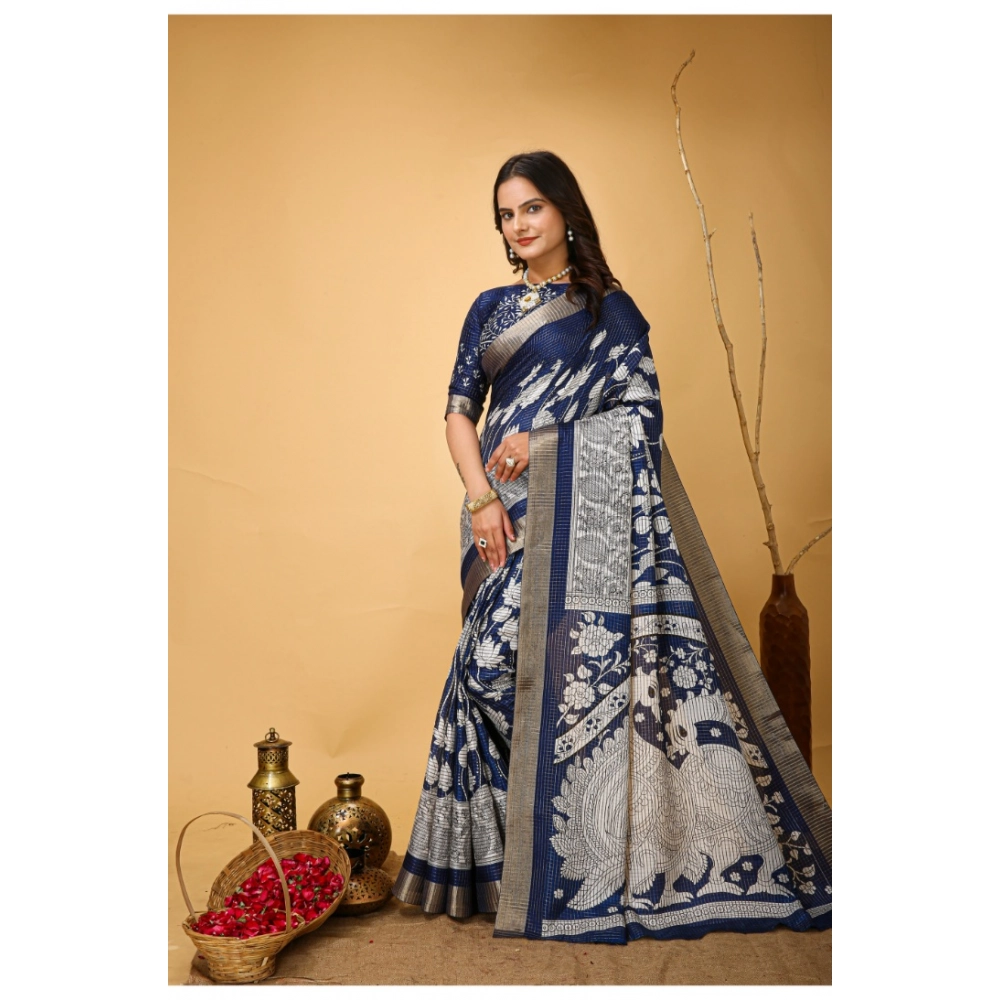 Generic Women's Soft Handloom Cotton Kalamkari Printed Saree With Unstitched Blouse 5.5Mtr (Blue) Generic Women's Soft Handloom Cotton Kalamkari Printed Saree With Unstitched Blouse 5.5Mtr (Blue)