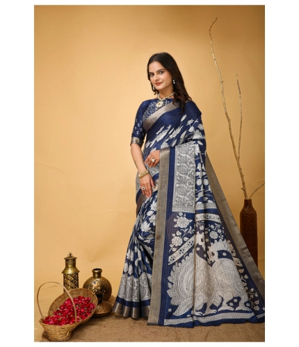 Generic Women's Soft Handloom Cotton Kalamkari Printed Saree With Unstitched Blouse 5.5Mtr (Blue)