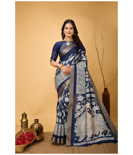 Generic Women's Soft Handloom Cotton Kalamkari Printed Saree With Unstitched Blouse 5.5Mtr (Blue)