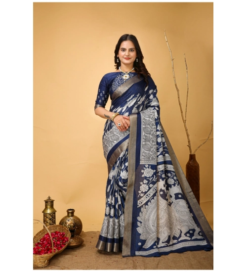 Generic Women's Soft Handloom Cotton Kalamkari Printed Saree With Unstitched Blouse 5.5Mtr (Blue)