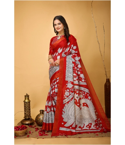 Generic Women's Soft Handloom Cotton Kalamkari Printed Saree With Unstitched Blouse 5.5Mtr (Red)