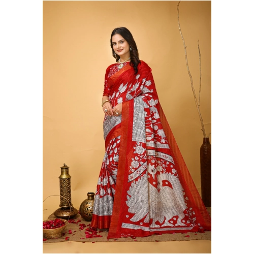 Women's Soft Handloom Cotton Kalamkari Printed Saree With Unstitched Blouse 5.5Mtr (Red) Women's Soft Handloom Cotton Kalamkari Printed Saree With Unstitched Blouse 5.5Mtr (Red)